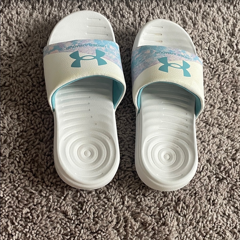 Under Armour White and Light Blue Slide Sandals for girls